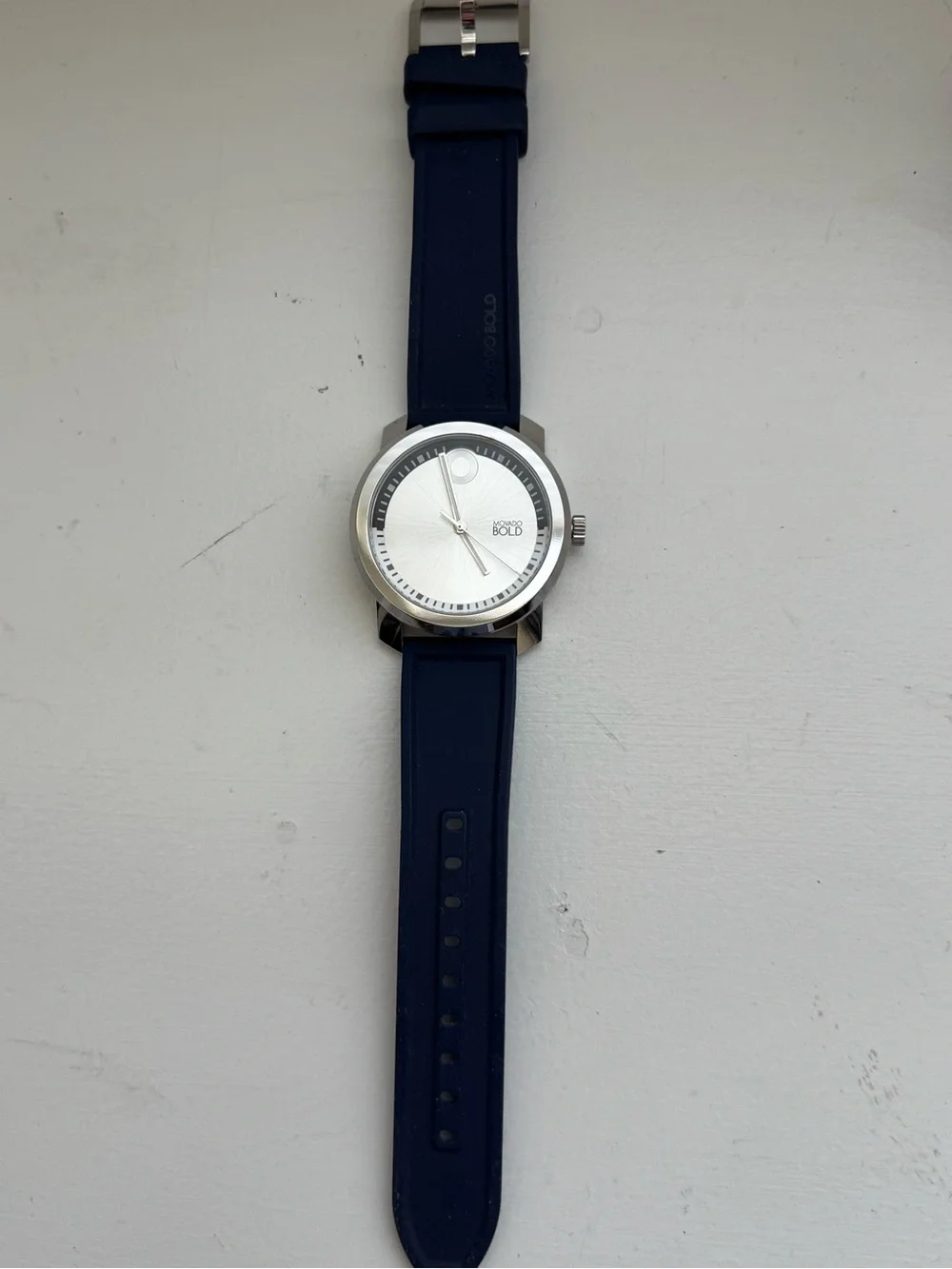 Movado BOLD Silver Dial Navy Silicone Watch